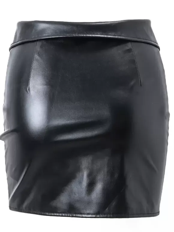Skirt For Women Black Metal Details PU Leather Short Women Bottoms