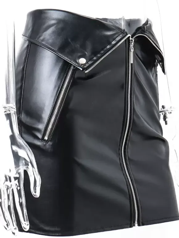 Skirt For Women Black Metal Details PU Leather Short Women Bottoms