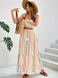 Skirts Apricot Bohemian Stripes Summer Mid-calf Length Women's Bottoms