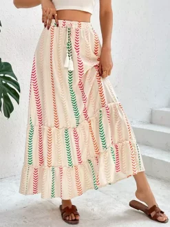 Skirts Apricot Bohemian Stripes Summer Mid-calf Length Women's Bottoms