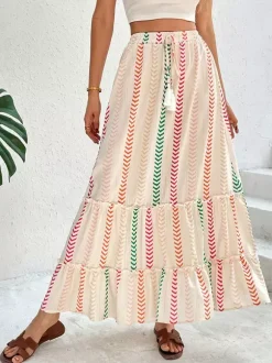 Skirts Apricot Bohemian Stripes Summer Mid-calf Length Women's Bottoms