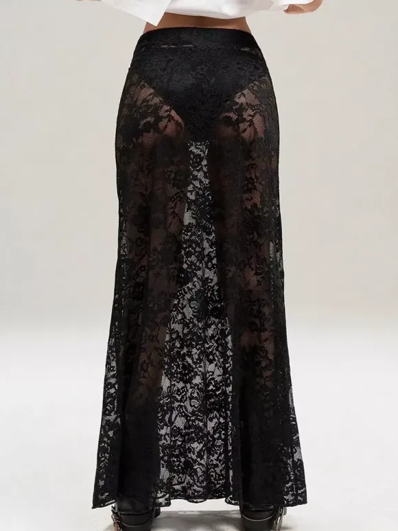 Skirts Black Lace Raised Waist Sexy Sheer Long Women's Bottoms