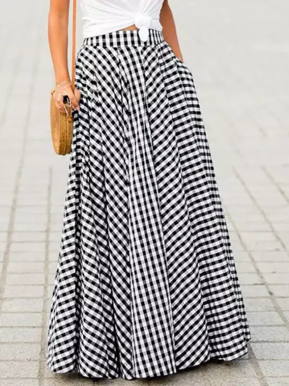 Skirts Black Plaid Casual Summer Long Women's Bottoms