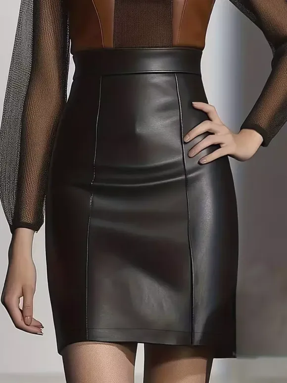 Skirts Black PU Leather Natural Waist Chic Spring Short Women's Bottoms