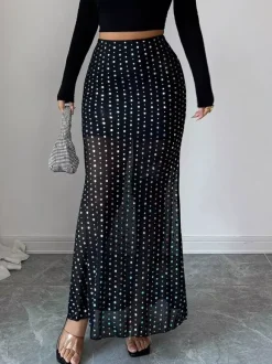 Skirts Black Raised Waist Polka Dot Elegant Long Women's Bottoms