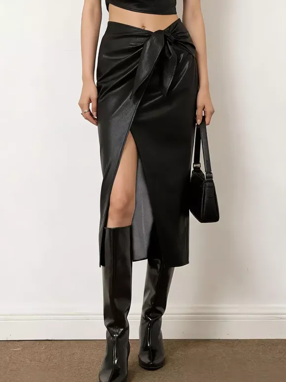 Skirts Black Raised Waist PU Leather Sexy Summer Mid-calf Length Women's Bottoms