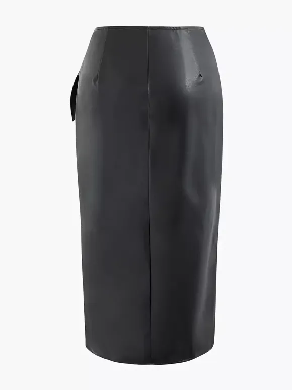 Skirts Black Raised Waist PU Leather Sexy Summer Mid-calf Length Women's Bottoms