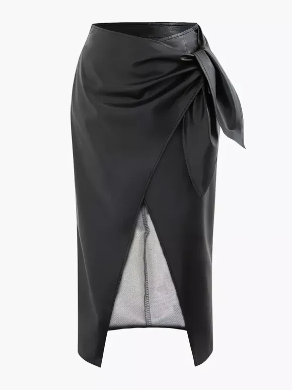 Skirts Black Raised Waist PU Leather Sexy Summer Mid-calf Length Women's Bottoms