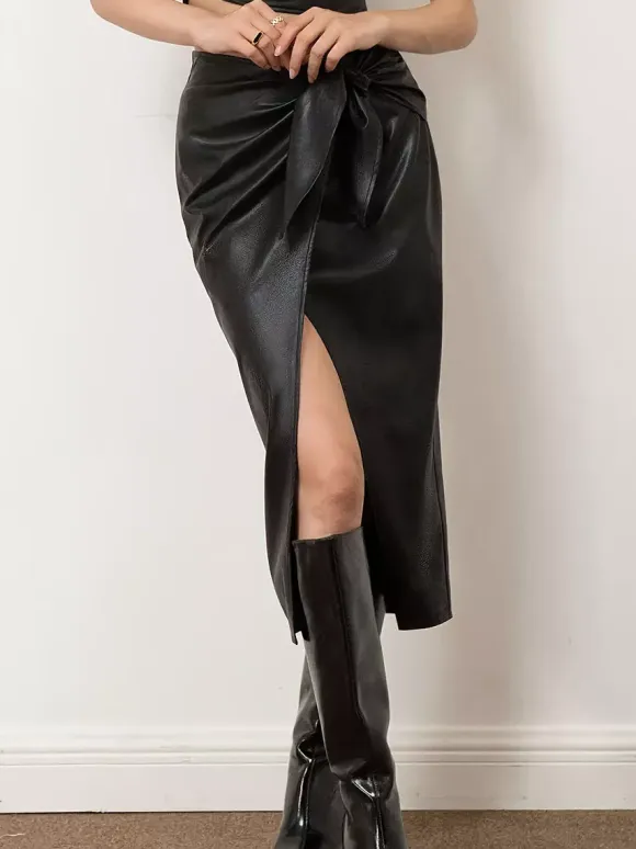 Skirts Black Raised Waist PU Leather Sexy Summer Mid-calf Length Women's Bottoms