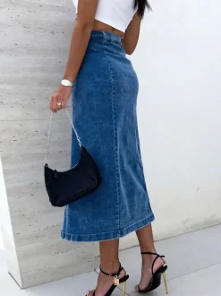 Skirts Blue Denim Casual Fall Mid-calf Length Women's Bottoms