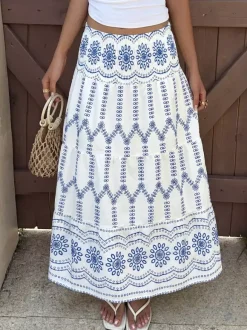 Skirts Blue Natural Waist Bohemian Clothes Summer Long Women's Bottoms