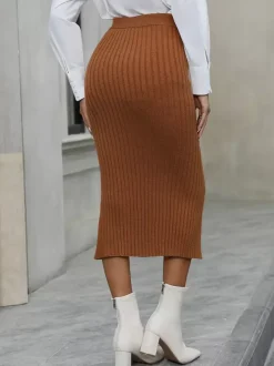 Skirts Camel Acrylic Raised Waist Chic High-slit Fall Mid-calf Length Women's Bottoms