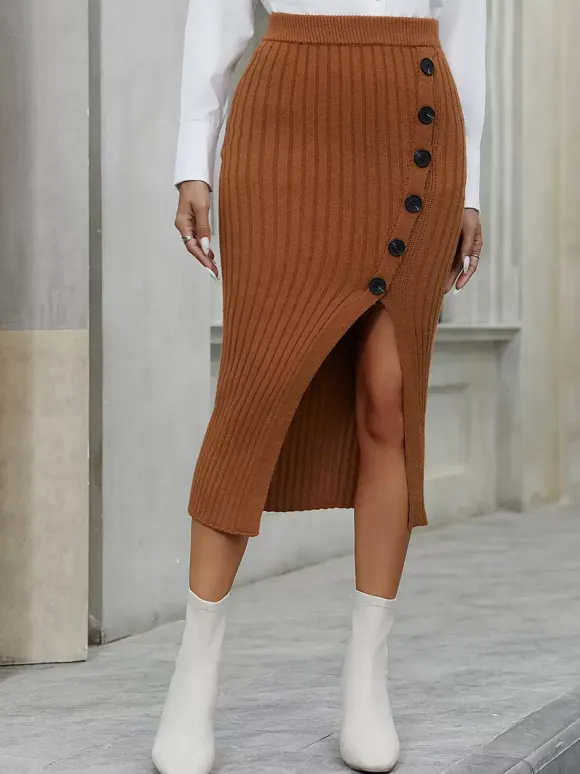 Skirts Camel Acrylic Raised Waist Chic High-slit Fall Mid-calf Length Women's Bottoms