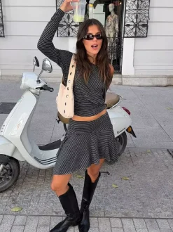 Skirt Set Gray Stripes Dating Long Sleeves Stripes Two Piece Sets