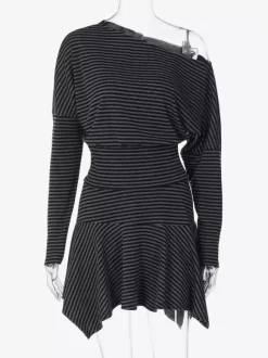 Skirt Set Gray Stripes Dating Long Sleeves Stripes Two Piece Sets