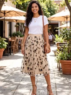 Skirts Floral Print High Waist A Line Mid-calf Length Women's Bottoms