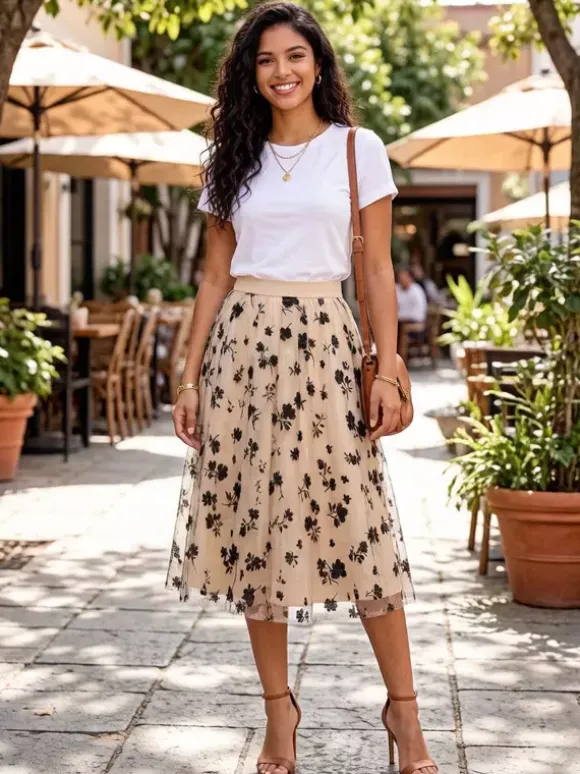 Skirts Floral Print High Waist A Line Mid-calf Length Women's Bottoms
