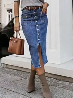 Skirts Gray Denim Casual Summer Mid-calf Length Women's Bottoms