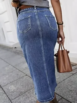 Skirts Gray Denim Casual Summer Mid-calf Length Women's Bottoms