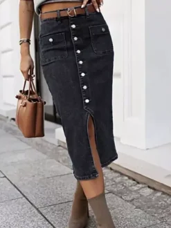 Skirts Gray Denim Casual Summer Mid-calf Length Women's Bottoms