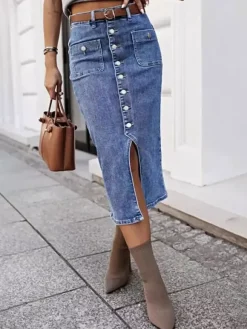 Skirts Gray Denim Casual Summer Mid-calf Length Women's Bottoms