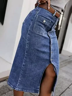 Skirts Gray Denim Casual Summer Mid-calf Length Women's Bottoms