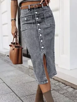 Skirts Gray Denim Casual Summer Mid-calf Length Women's Bottoms