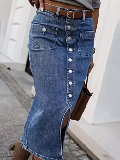 Skirts Gray Denim Casual Summer Mid-calf Length Women's Bottoms