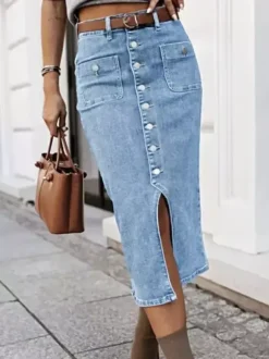 Skirts Gray Denim Casual Summer Mid-calf Length Women's Bottoms