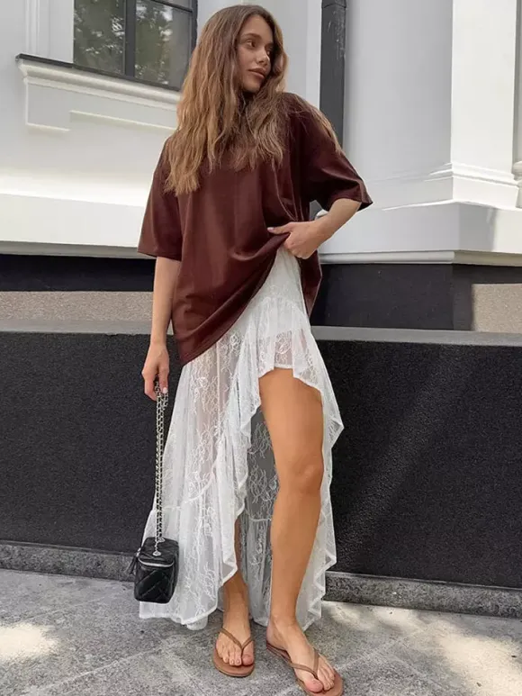 Skirts White Lace Elegant Irregular Knee Length Women's Bottoms
