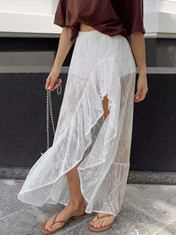 Skirts White Lace Elegant Irregular Knee Length Women's Bottoms