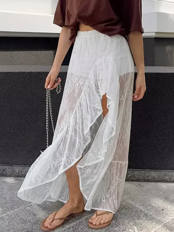Skirts White Lace Elegant Irregular Knee Length Women's Bottoms