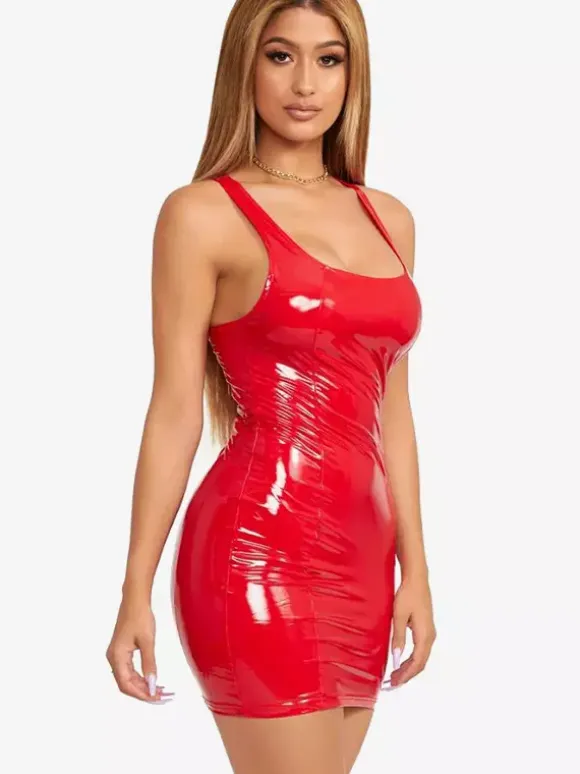 Sleek Faux Leather Mini Dress With Racerback Sexy Club Dress For Women 2026