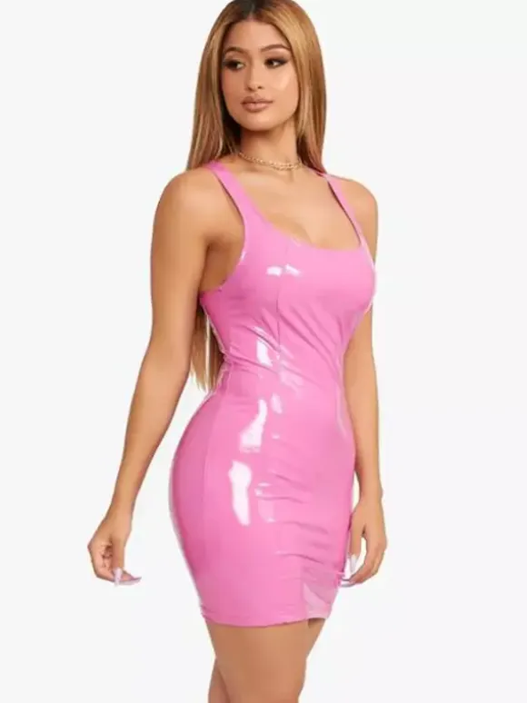 Sleek Faux Leather Mini Dress With Racerback Sexy Club Dress For Women 2026