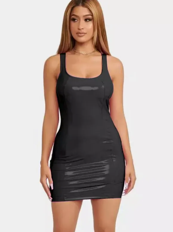 Sleek Faux Leather Mini Dress With Racerback Sexy Club Dress For Women 2026