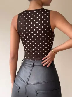 Sleeveless Bodysuit Deep Brown V-Neck Polka Dot Sexy Polyester Women Top