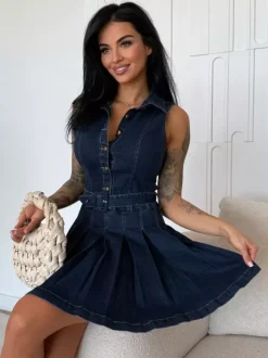 Sleeveless Denim Mini Dress For Women - Y2K Pleated Belted Button Up Jean Skater Dress - Summer Casual Picnic 2026