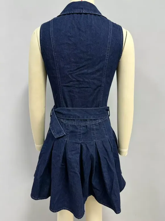 Sleeveless Denim Mini Dress For Women - Y2K Pleated Belted Button Up Jean Skater Dress - Summer Casual Picnic 2026