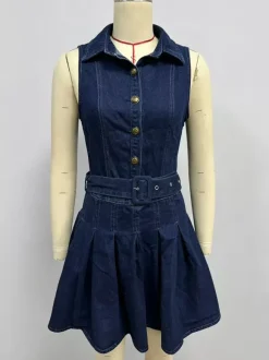 Sleeveless Denim Mini Dress For Women - Y2K Pleated Belted Button Up Jean Skater Dress - Summer Casual Picnic 2026