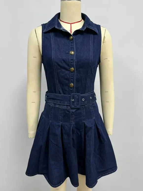 Sleeveless Denim Mini Dress For Women - Y2K Pleated Belted Button Up Jean Skater Dress - Summer Casual Picnic 2026