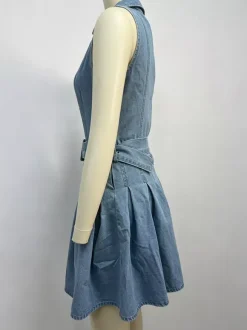 Sleeveless Denim Mini Dress For Women - Y2K Pleated Belted Button Up Jean Skater Dress - Summer Casual Picnic 2026