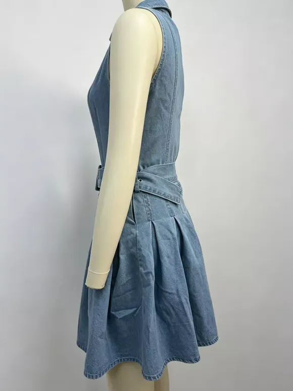 Sleeveless Denim Mini Dress For Women - Y2K Pleated Belted Button Up Jean Skater Dress - Summer Casual Picnic 2026