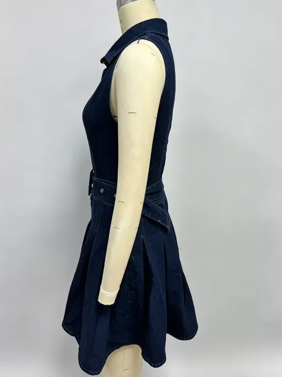 Sleeveless Denim Mini Dress For Women - Y2K Pleated Belted Button Up Jean Skater Dress - Summer Casual Picnic 2026