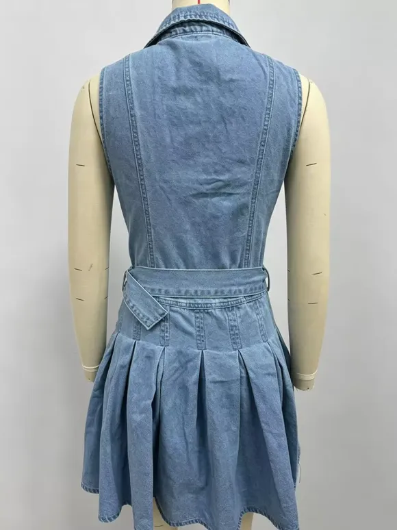 Sleeveless Denim Mini Dress For Women - Y2K Pleated Belted Button Up Jean Skater Dress - Summer Casual Picnic 2026