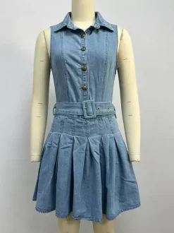 Sleeveless Denim Mini Dress For Women - Y2K Pleated Belted Button Up Jean Skater Dress - Summer Casual Picnic 2026