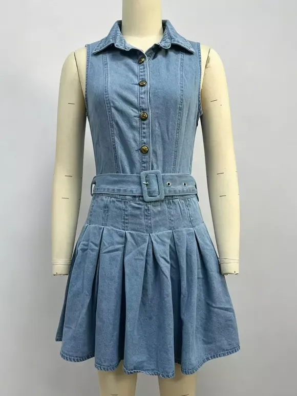 Sleeveless Denim Mini Dress For Women - Y2K Pleated Belted Button Up Jean Skater Dress - Summer Casual Picnic 2026