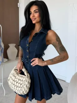 Sleeveless Denim Mini Dress For Women - Y2K Pleated Belted Button Up Jean Skater Dress - Summer Casual Picnic 2026