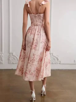 Sleeveless Floral Midi Dress With Sweetheart Neck And High Slit For Summer 2026