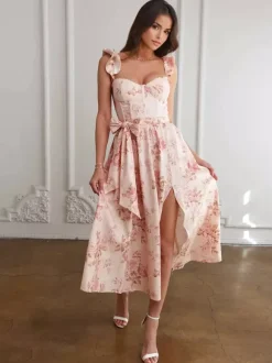 Sleeveless Floral Midi Dress With Sweetheart Neck And High Slit For Summer 2026