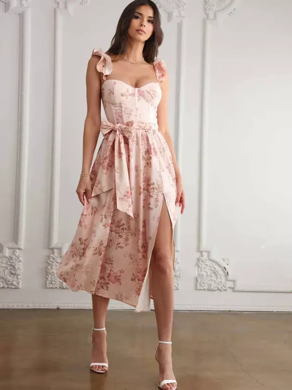 Sleeveless Floral Midi Dress With Sweetheart Neck And High Slit For Summer 2026